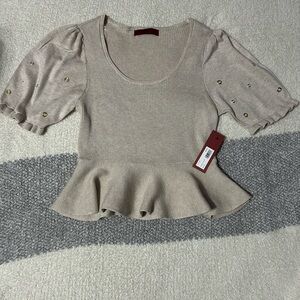 Chic Beige Peplum Blouse with Puff Sleeves